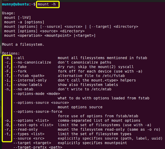 Get help for the mount command in linux.
