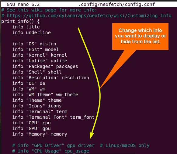 Nano editor with neofetch configuration file.