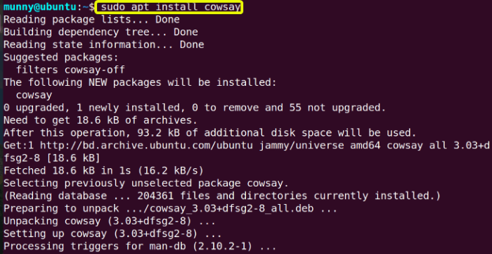 Install cowsay program.