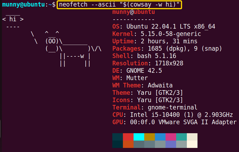 Display from cowsay file using neofetch command in linux.