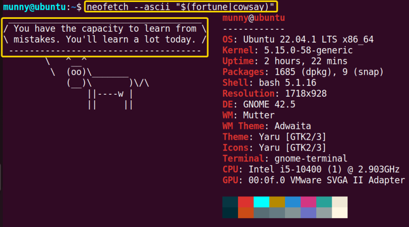 Display from cowsay file with random messages from fortune program in neofetch command output.