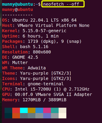 neofetch command in linux with no output logo.
