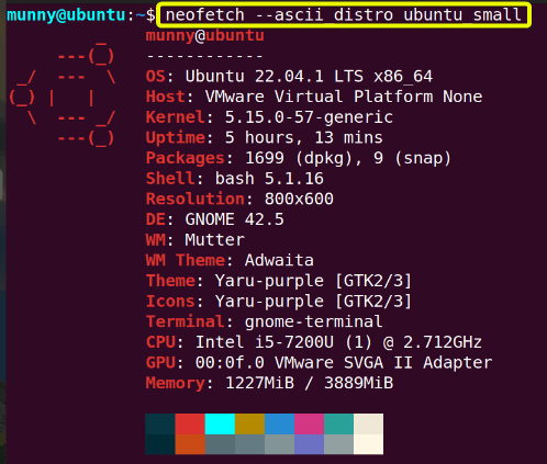 neofetch command in linux with the smaller logo size in output.