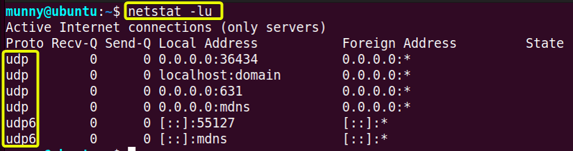 Display all active UDP listening ports, using netstat command in linux.
