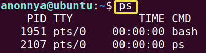 displaying shell procces information using ps command in linux.