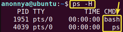 Displaying process hierarchy using ps command in linux.