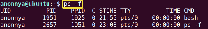 Displaying process information in full format using ps command in linux.
