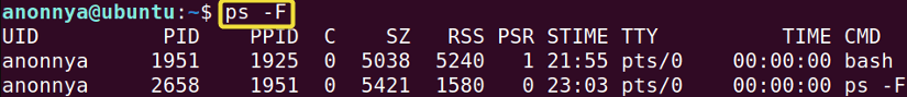 Displaying process information in extra full format using ps command in linux.
