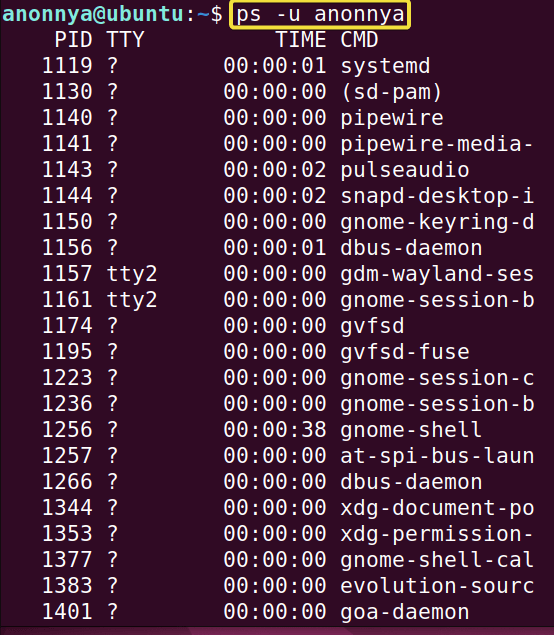 Listing processes of specific user using ps command in linux