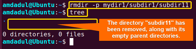The subdir11 directory has been removed along with its empty parent directories.