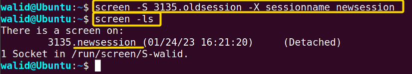 Changing the name of a session using the screen command in Linux