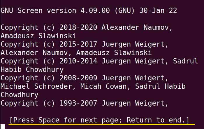 Showing the version of the screen command in Linux and its copyright