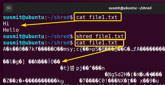overwriting the file1.txt file numerous times using the shred command in Linux, and the random characters are printed on the terminal.