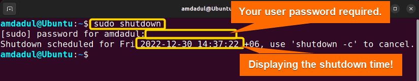 Picture showing the result of scheduling a simple shutdown with shutdown command in linux.