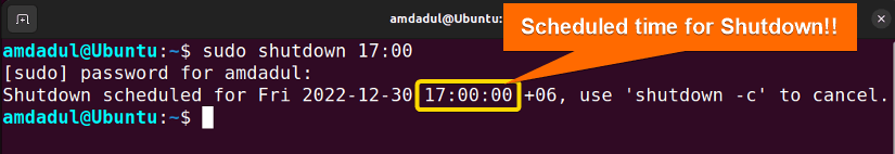 Picture showing the result of scheduling a shutdown at a specific time.
