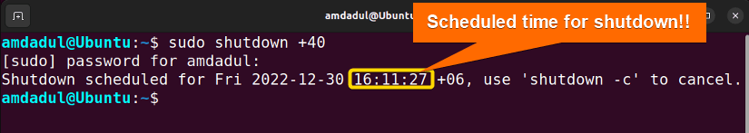 Picture showing the process of scheduling a shutdown after a specific time with shutdown command in linux.
