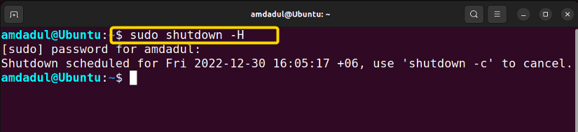 Picture showing the process of scheduling a halt with shutdown command in linux.
