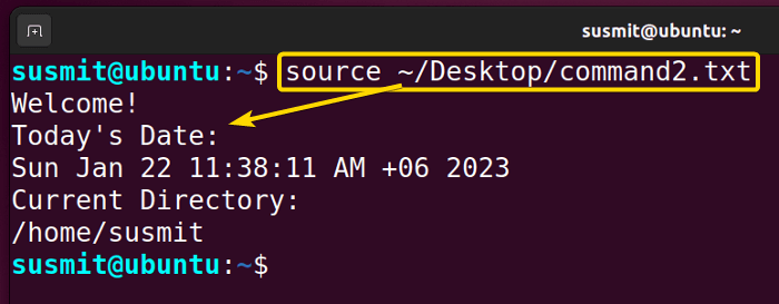 The source command executes the commands from the file command2.txt from a different directory.