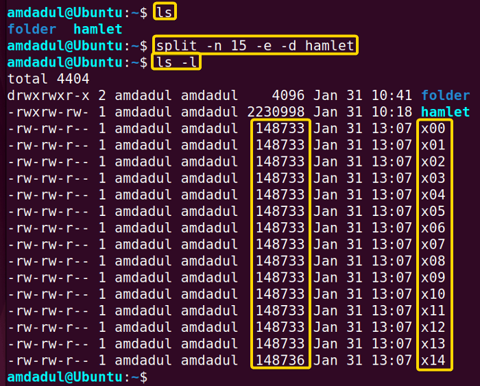 Showing that there is no file with zero sizes has generated after executing the split command with the -e option.