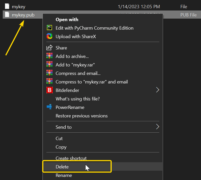 Deleting the public key from the client computer