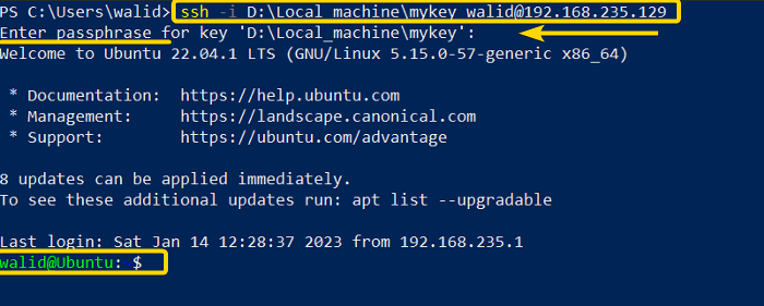 Logging into the server using the ssh command in Linux