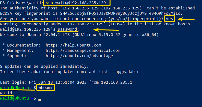Logging into the server with the ssh command in Linux