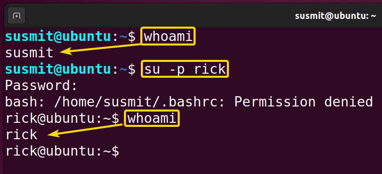 The following image shows the switching to rick user in the current environment.