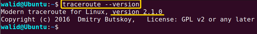 Showing the version of the traceroute command in Linux