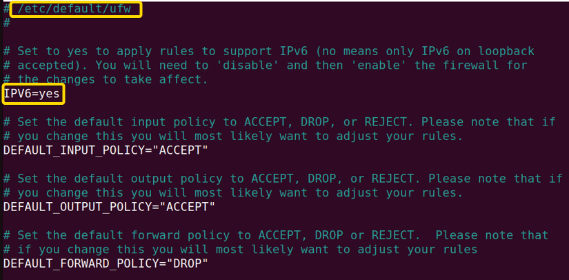 Showing the contents of /etc/default/ufw file.