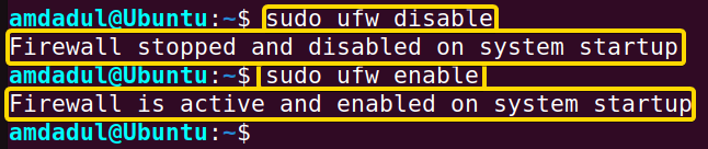 Showing the disable and enable process of ufw command in linux.