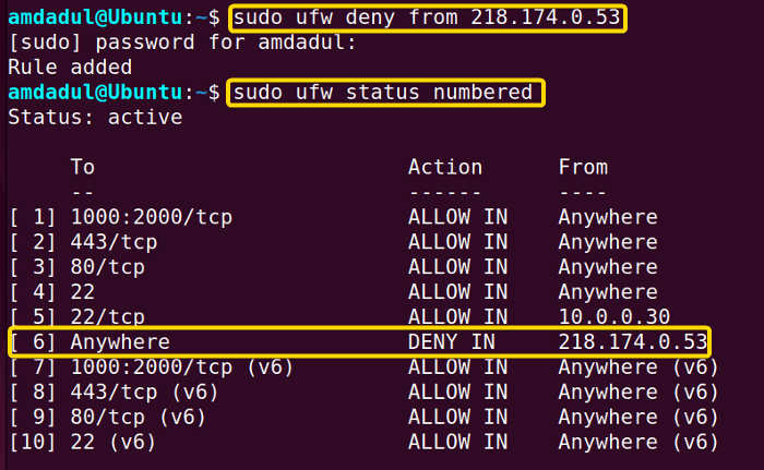 Showing that the incoming traffic from the specified IP (218.174.0.53) address has been denied by the firewall.