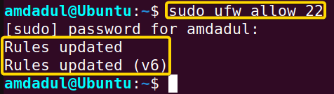 The SSH connection has been allowed through port 22.
