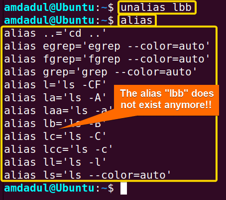 Showing the process of removing a single alias with unalias command in linux.