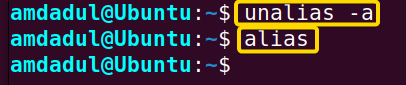 Showing the process of removing all aliases at a time with unalias command in linux.