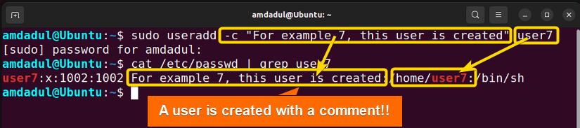 A new user named "user7" is created with specific comment.