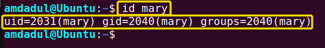 Showing Mary's UID, GID and a list of the groups she belongs to.