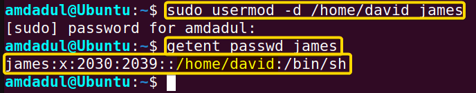 The home directory of user james has been changed using usermod command in linux.