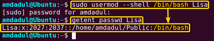 Showing that the user login shell for Lisa has been changed using usermod command in linux.