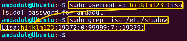 Showing that the previous password of user Lisa has been changed using usermod command in linux.