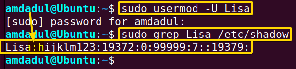 Showing that the user account of user Lisa is unlocked using usermod command in linux.