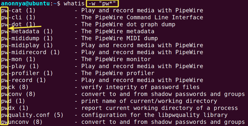 Finding keyword descriptions with wildcard characters in its name using whatis command in linux.