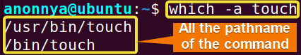 Listing all available pathnames of a command using the which command in Linux.