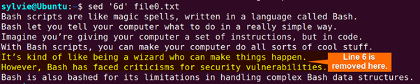 Deleting a specific line of a text file using sed command