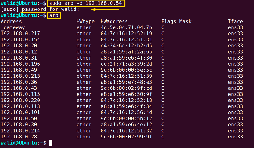 Deleting a host using the arp command in Linux