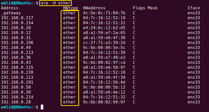 Specifying network protocol type in the arp command in Linux