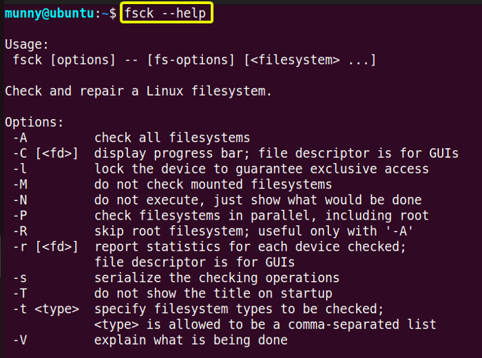 Help messages for the fsck command in linux.