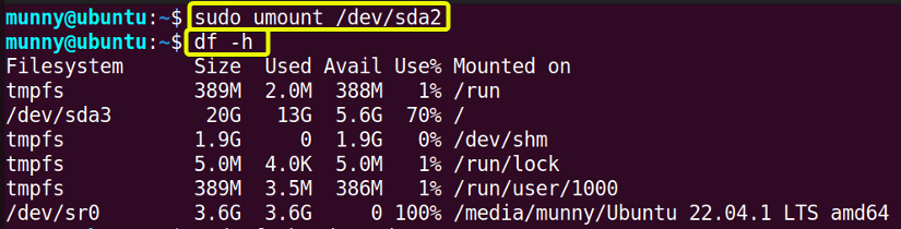 Unmount a mounted file using the umount command.