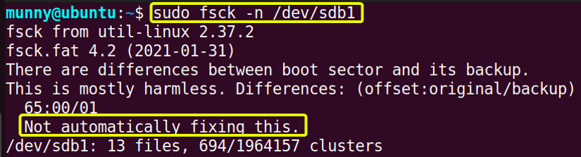 Only print the errors without repairing using the fsck command in linux.