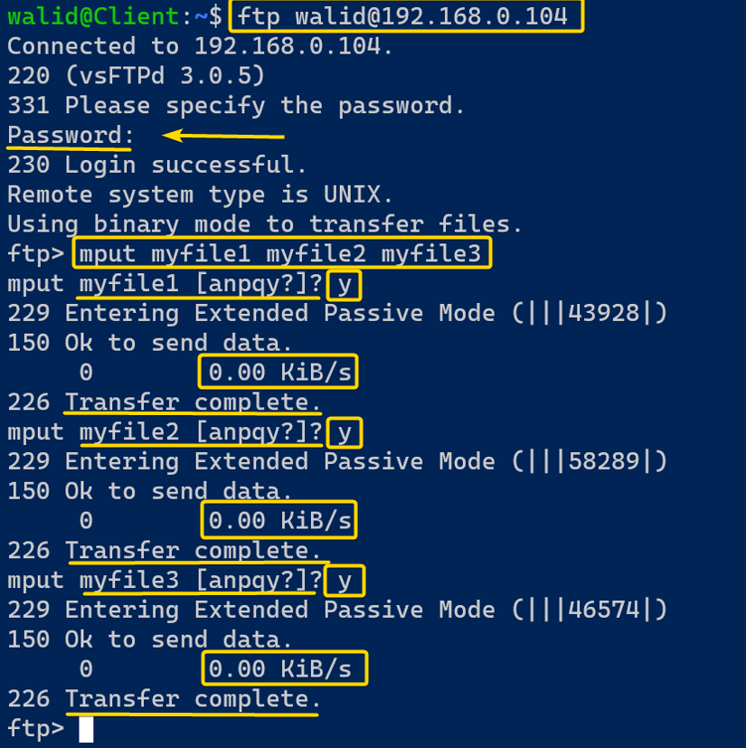 Uploading multiple files using the ftp command in Linux