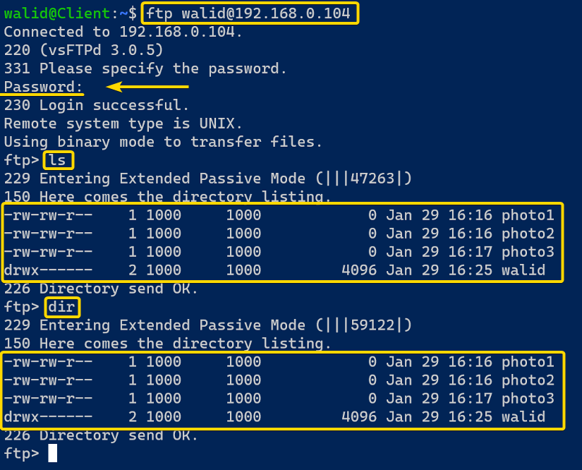 Listing files using the ftp command in Linux